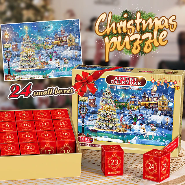 Advent Calendar 2025 Christmas Jigsaw Puzzles Xmas Snowy Night Puzzle 24 Parts 1008 Pieces Puzzles for Adults Teens Kids Jigsaw Puzzles, Christmas Puzzles Xmas Gift 10