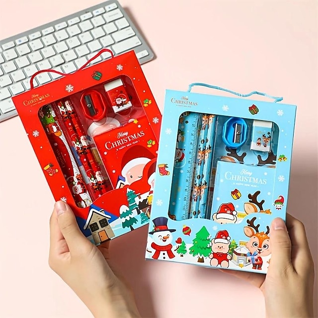  6pcs, Christmas Stationery Gift Box Prizes - Full Set Of Student Stationery, Children's Christmas Gift Prizes. Includes 2 Pencils, 1 Pencil Sharpener, 1 Eraser, 1 Ruler, And 1 Notebook