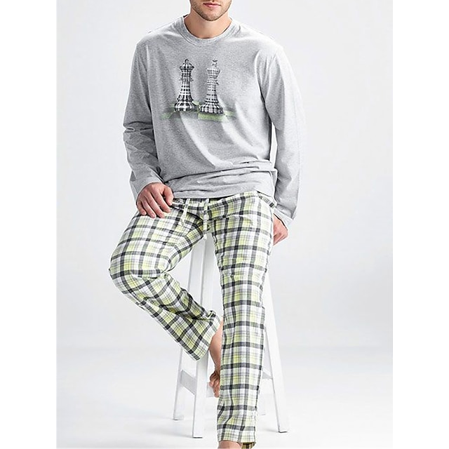  Herr Vardagsklädsel Sovkläder Pyjamas set Pyjamastopp och byxa 2 delar Rutig Grafiska tryck Stylish Ledigt Komfort Hem Dagligen Säng Polyester Komfort Mjuk Rund hals Långärmad T-shirt Byxa Snörning
