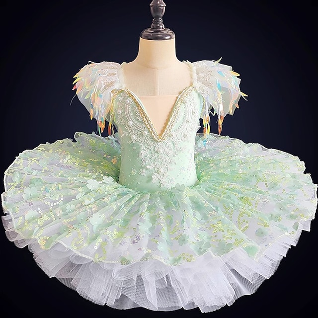 Kids' Dancewear Ballet Dance Costumes Dress Pearls Splicing Paillette Girls' Performance Party Short Sleeve Spandex