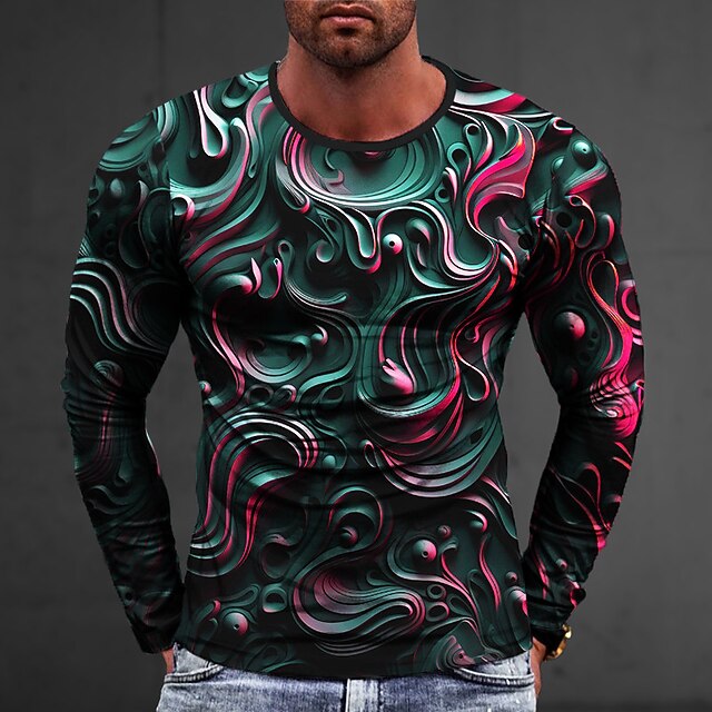Men's Graphic Abstract T Shirt Long Sleeve T shirt 3D Print Crew Neck Shirt Fashion Designer Casual Sports Outdoor Holiday Going out Silver Black White Spring &  Fall Clothing Apparel S M L XL 2XL3