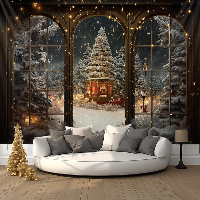 julepynt juletre vinter hengende billedvev veggkunst xmas stor billedvev veggmaleri dekor fotografi bakteppe teppe gardin hjem soverom stue dekorasjon snø vindu utsikt