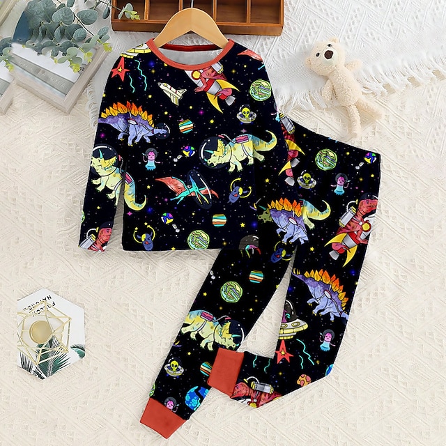  Boys 3D Dinosaur Pajama Set Long Sleeve 3D Print Fall Winter Active Cool Daily Polyester Kids 3-12 Years Crew Neck Home Causal Indoor Regular Fit