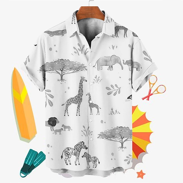 Herr Djur Träd Giraff Skjorta Hawaii skjorta Aloha skjorta Kort ärm Skjorta Nedvikt Tropisk Mode Hawaiisk Gata Ledigt Hawaiisk Gul Blå Grå S M L