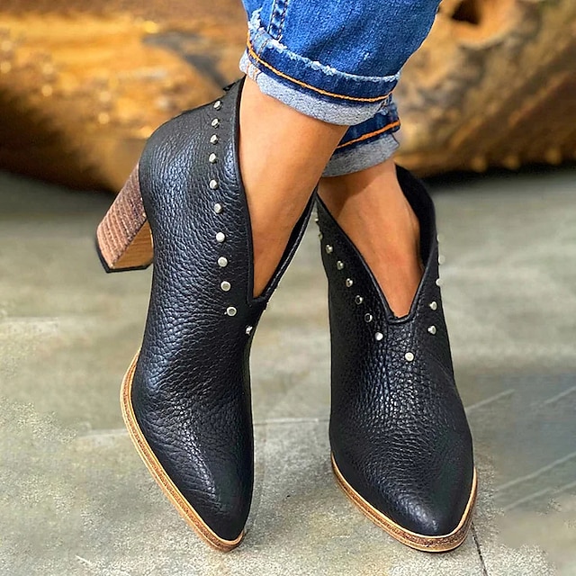  Γυναικεία Μπότες Μπότες καουμπόι δυτικές Μπότες με τακούνι Πάρτι Συμπαγές Χρώμα Μποτάκια μποτάκια Καρφιά Κοντόχοντρο Τακούνι Μυτερή Μύτη Κομψό PU Μοκασίνια Μαύρο