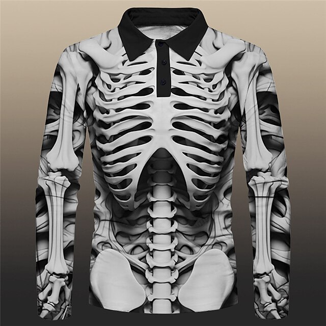 Day of the Dead Men's Skeleton Polo Shirts Golf Shirt Long Sleeve Polo Shirts Collared Shirts Casual Horror Festival Wear Party Outfits 3D Print Buttons Fall & Winter Yellow Khaki Gray4