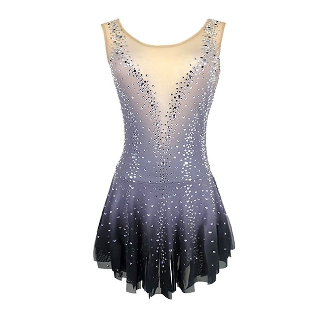  Vestidos para Patinação Artística Mulheres Para Meninas Patinação no Gelo Vestidos Cinzento Com Stretch Treino Competição Roupa para Patinação Térmico / Quente Cristal / Strass Sem Manga Patinação no