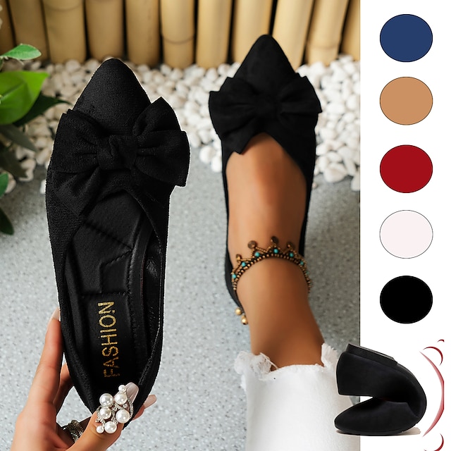  Women's Black Pointed Toe Flats with Bow – Elegant Slip-On Loafers for Ladies, Comfortable Casual Shoes for Work, Office, and Daily Wear