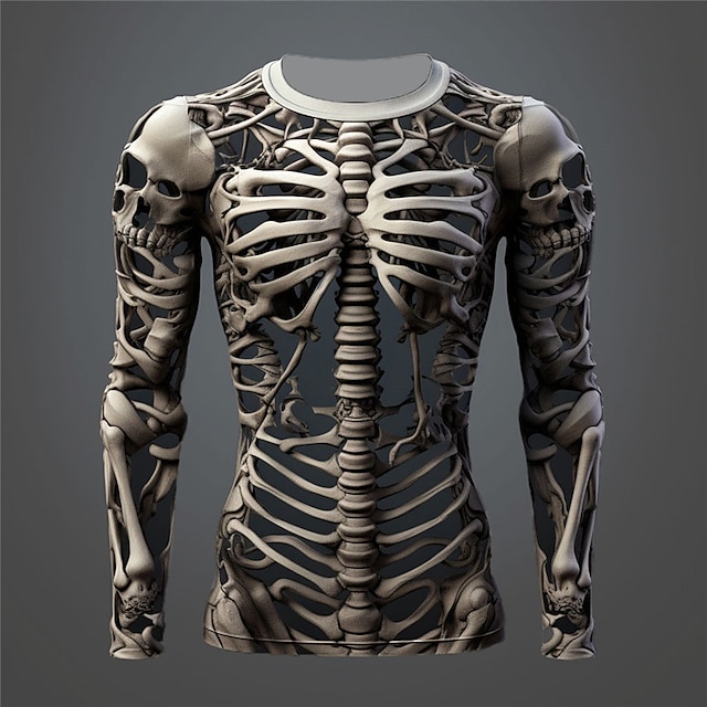  Herre Grafisk Hodeskaller Skjelett T skjorte Langermet T skjorte 3D-utskrift Crew-hals Skjorte Mote Designer Fritid Sport & Utendørs Ferie Ut på byen Hvit Kakifarget Vår & Vinter Klær S M L XL 2XL