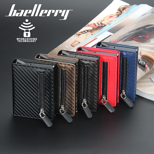  Baellerry Men's Aluminum Box Carbon Fiber Anti-theft Card Bag Short Automatic Bullet Card Beauty Card Sleeve Wallet Coin Purse