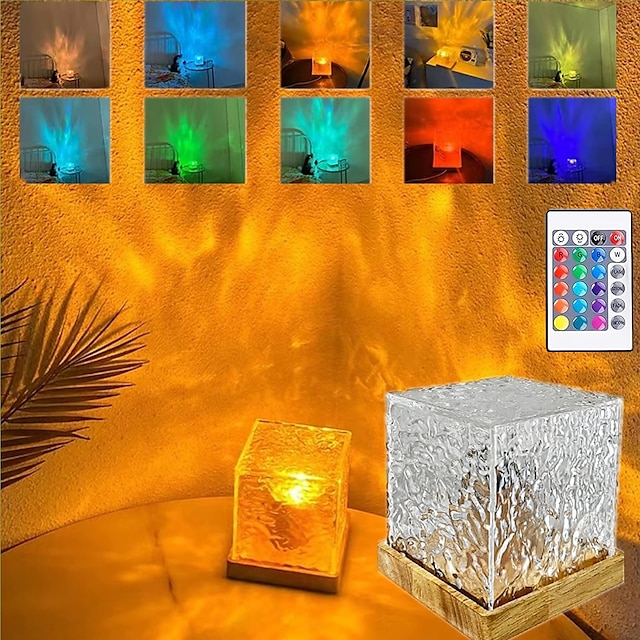  Dynamic Rotating Water Ripple Night Light Remote Control RGB Changing Crystal Table Lamp for Bedroom Living Room Games Room Ceiling Coffee Store Home Holiday Decor Projection Light