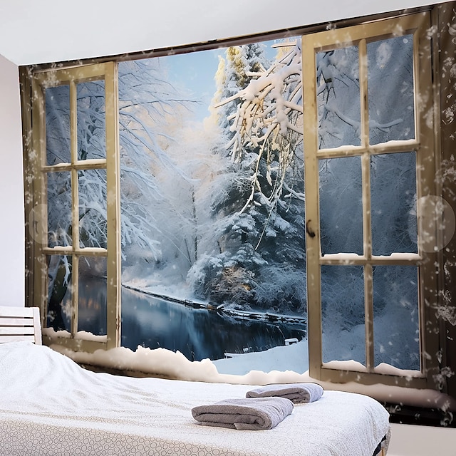  snø vinter eventyrland hengende billedvev veggkunst stor billedvev veggmaleri dekor fotografi bakteppe teppe gardin hjem soverom stue dekorasjon vindu utsikt