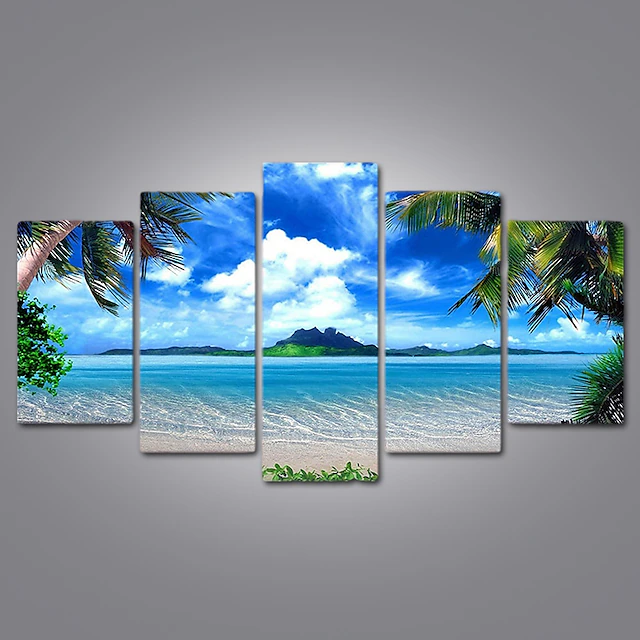 5 Panels Landscape Prints Posters/Picture Beach Blue Sea Sunset Modern ...