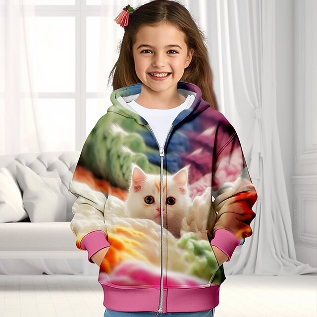 Girls' 3D Cat Pajama Set Pink Long Sleeve 3D Print Fall Winter Active