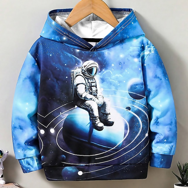  Толстовка с капюшоном и 3d космонавтом для мальчиков, пуловер с длинными рукавами и 3d принтом, осень-зима, модная уличная одежда, крутая, из полиэстера, для детей 3–12 лет, на каждый день, на каждый