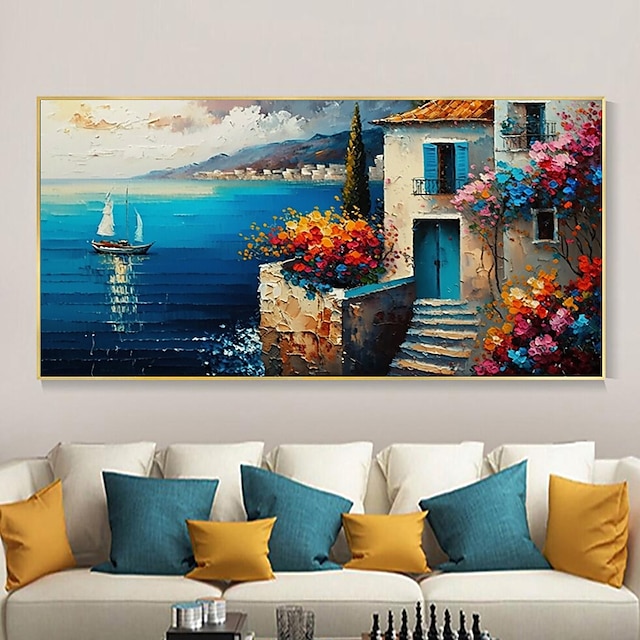  Original handgemaltes Ölgemälde am Meer am Mittelmeer auf Leinwand, große Wandkunst, abstrakte blaue Meereslandschaft, Kunstgemälde, Wohnzimmer, Heimdekoration, ohne Rahmen