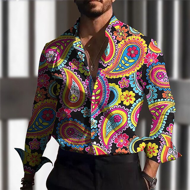 Men's Paisley Shirt Button Up Shirt Long Sleeve Vintage Outdoor Street Casual Daily Fall & Winter Turndown Buttons Print Black Purple3