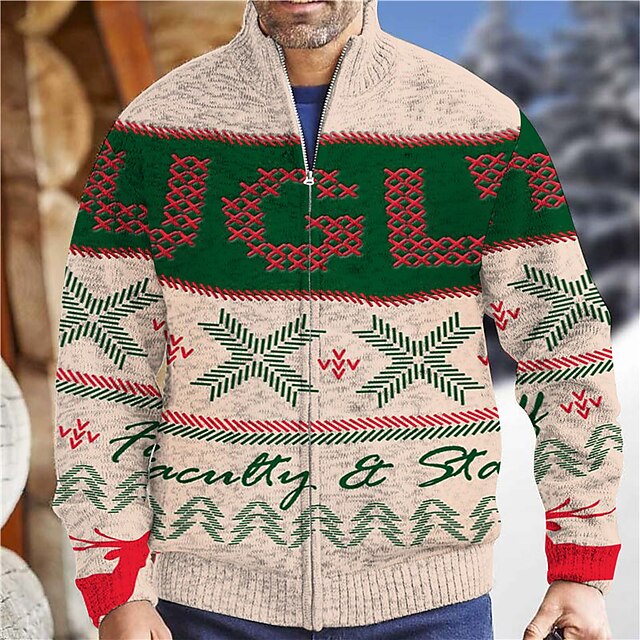 Snowflake Casual Men's Print Zipper Knitting Ugly Christmas Sweater