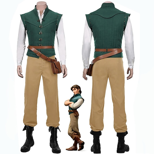  Rapunzel Prins Flynn Rider Eugene Fitzherbert Kläder Herr Film-cosplay Grön Halloween Karnival Skjorta Byxor Väska