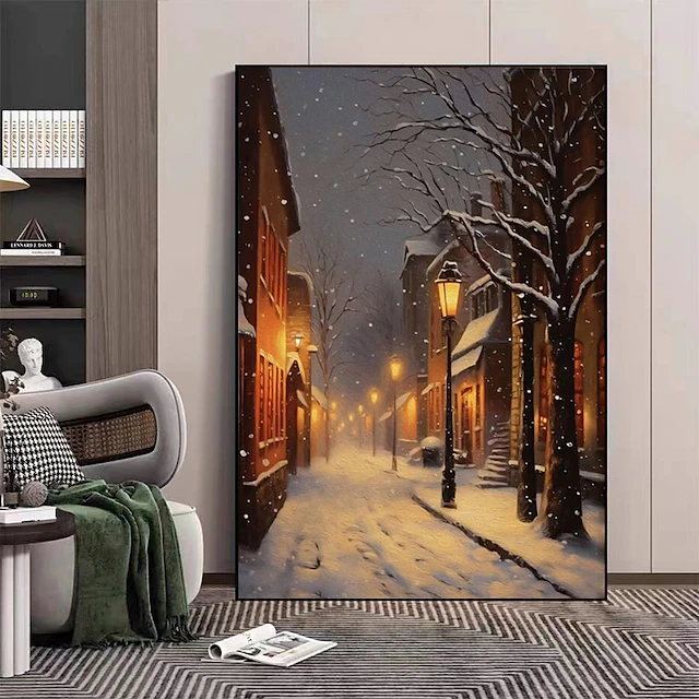 Wonderful Wall Art Hand Painted Winter Scenery Oil Painting on Canvas Handmade Beauty Winter Snow Landscape Street View Oil Painting 9