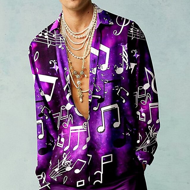 Men's Boardmasters Poker Musical Notes Shirt Button Up Shirt Long Sleeve Casual Outdoor Street Casual Daily Fall & Winter Turndown Buttons Print Black White Purple4