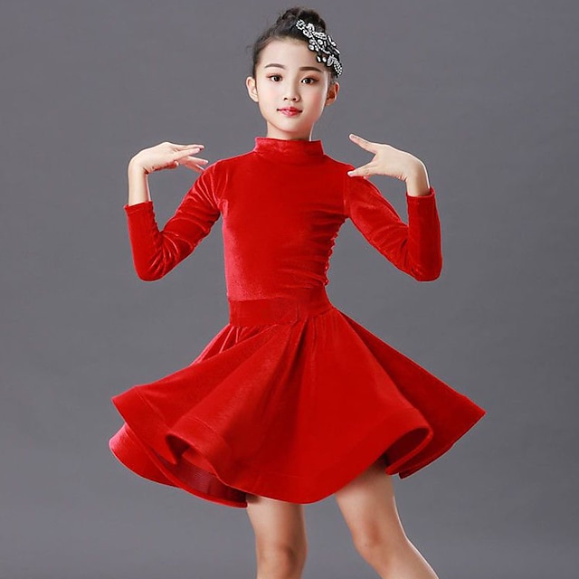  Latein-Tanz Tanzkleidung für Kinder Kleid Plissee Pure Farbe Farbaufsatz Mädchen Leistung Ausbildung Langarm Polyester velvet