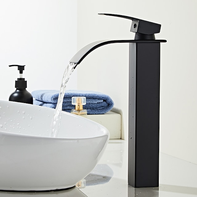  svart tvättställsblandare för kärl, vattenfall centerset enkelhandtag ett hål hög kärl badkranar i rostfritt stål