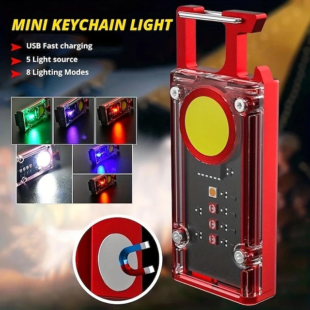  1ks/2ks multifunkční světlo na klíče s háčkem, magická mini baterka, nabíjecí usb, pracovní světlo, UV světlo červené modré výstražné světlo pro domácnost, outdoor, kempování, běh a rybaření
