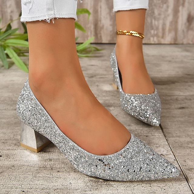 Wedding Shoes for Bride Bridesmaid Women Closed Toe Pointed Toe Silver Gold PU Pumps With Glitter Sequin  Chunky Heel Low Heel Wedding Party Valentine's Day Bling Bling Shoes Elegant Classic