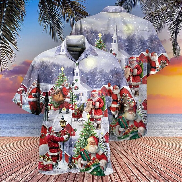 Christmas Men's Christmas Scene Printed Shirts Shirts Santa Claus Casual Outdoor Street Fall Turndown Short Sleeve Purple S M L2
