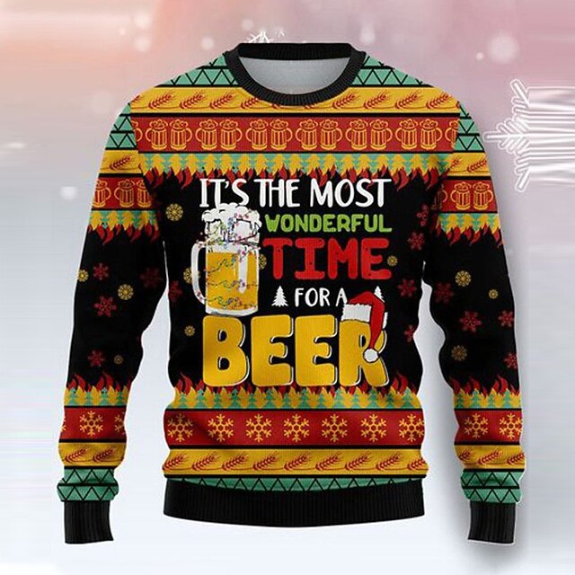 Ugly Christmas Sweater Men's Funny Sweaters Letter Beer Print Knitting Pullover Jumper Knitwear New Years Eve Sweater Outdoor Daily Vacation Long Sleeve Crewnecks Black Orange Fall Winter S M Ls3