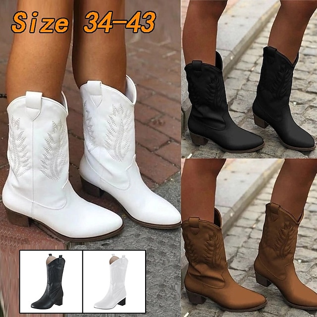  Women's Boots Cowboy Boots Plus Size Cowgirl Boots Outdoor Daily Floral Mid Calf Boots Winter Embroidery Block Heel Chunky Heel Round Toe Vintage Casual Minimalism PU Loafer Black White Brown