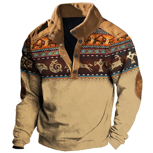  Buffalo Sweater Mens Graphic Hoodie Tribal Prints Daily Ethnic Casual 3D Sweatshirt Pullover Vacation Going Out Streetwear Sweatshirts Blue Sky Brown Long Sleeve Native American Grey Cotton