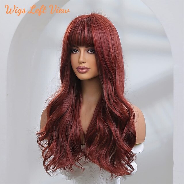 Honygebia Dark Red Wig with Bangs - Burgundy Wigs for Women, Wine Red ...