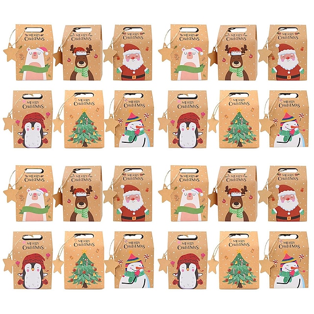  cutie cadou de Crăciun 24 buc. cutie de cadou din hârtie kraft de Crăciun pentru prăjituri cu bomboane tratează Moș Crăciun om de zăpadă elan design pom de Crăciun pungă de hârtie de împachetat de