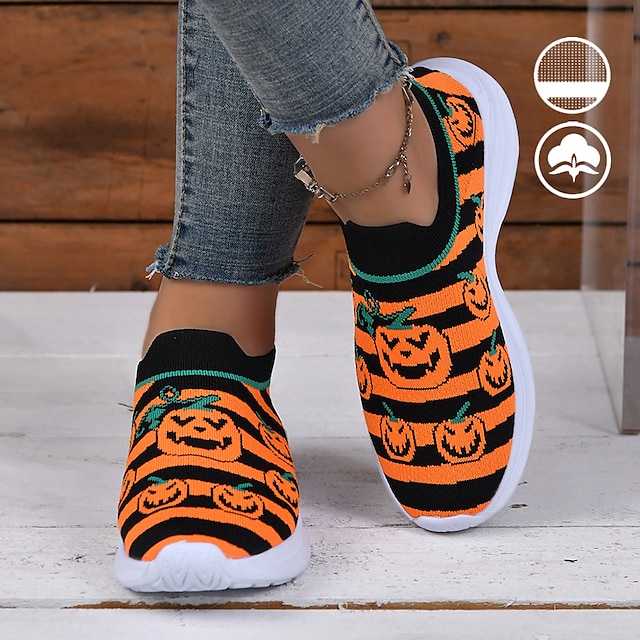  Women's Halloween Pumpkin Slip-On Sneakers - Comfortable Breathable Knit Walking Shoes with Jack-O'-Lantern Print, Perfect for Casual Wear and Halloween Festivities