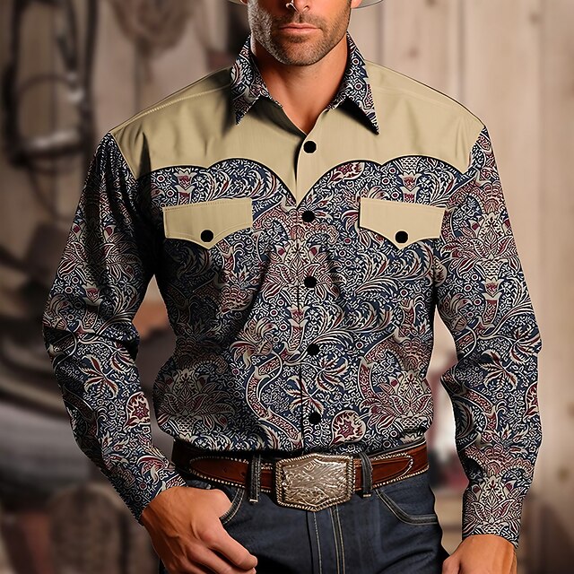 Men's Western Shirt Button Up Shirt Cowboy Shirt Long Sleeve Vintage Western Style Casual Daily Fall & Winter Turndown Buttons Print Black khaki3