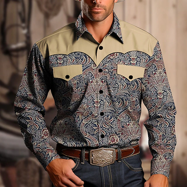 Men's Western Shirt Button Up Shirt Cowboy Shirt Long Sleeve Vintage Western Style Casual Daily Fall & Winter Turndown Buttons Print Black khaki3