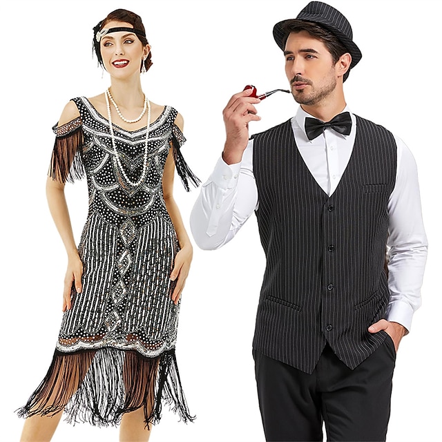  Retro Vintage Roaring 20s 1920s Flapper Dress Outfits Waistcoat Couples Costumes The Great Gatsby Gentleman Men's Women's Sequins Tassel Fringe New Year Party Prom Costume