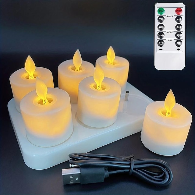  6ks dobíjecích led bezplamenových svíček - na baterie, blikající pohyblivé knotové votivní čajové svíčky na dýně, valentýna, díkůvzdání a svatební dekorace