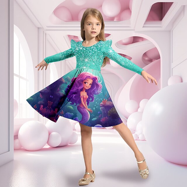 Girls' 3D Mermaid Ruffle Dress Long Sleeve 3D Print Fall Winter Vacation Sports & Outdoor Daily Cute Casual Beautiful Kids 3-12 Years Casual Dress A Line Dress Above Knee Regular Fit 6