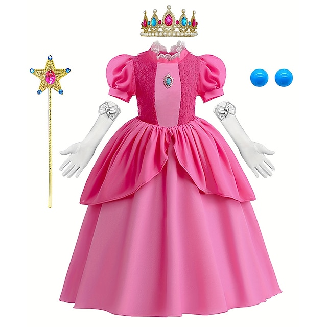  Super Mario Bros Princess Peach Dress Gloves Crown Girls' Movie Cosplay Pattern Dress Cosplay Costume Pink Outfit Pink Children's Day Masquerade Dress Accessory Set