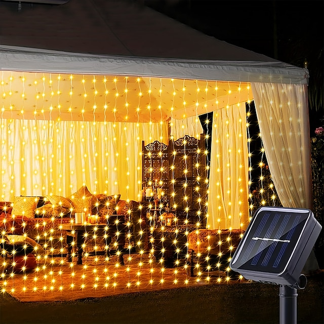  1 paquete 300/200/100 LED cortina de luz solar al aire libre, control remoto, 8 modos de iluminación, luces de hadas, ip65 impermeable, luces de alambre de cobre fiesta de Navidad boda hogar