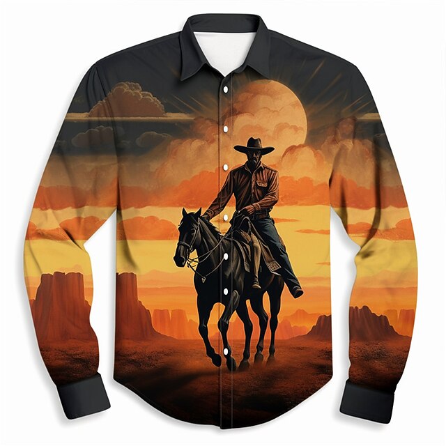Kentucky Derby Men's Cowboy Shirt Western Shirt Cowboy Shirt Long Sleeve Western Style Outdoor Street Casual Daily Fall & Winter Turndown Buttons Print Orange2