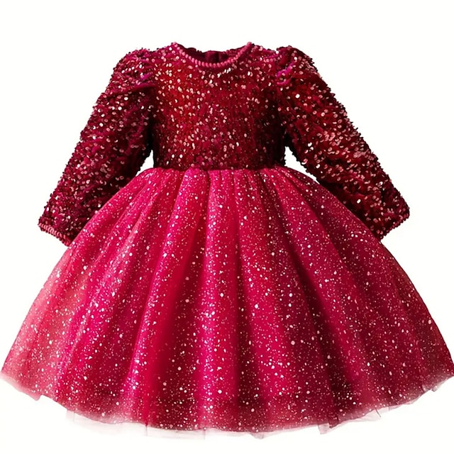  Toddler Girls' Party Dress Solid Color Long Sleeve Formal Performance Sequins Cute Polyester Midi Party Dress Summer Spring 3-7 Years Wine Gray