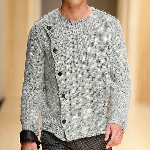 Men's Sweater Cardigan Sweater Sweater Jacket Chunky Knit Regular Button-Down Solid / Plain Color Crew Neck Clothing Apparel Fall & Winter Light Grey M L XL3