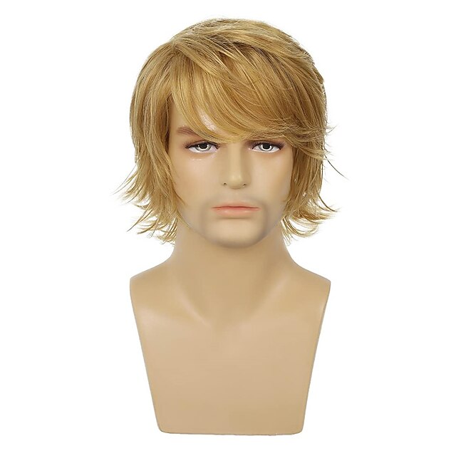 Mens Blonde Wig Short Layered Natural Fluffy Wig Synthetic Heat