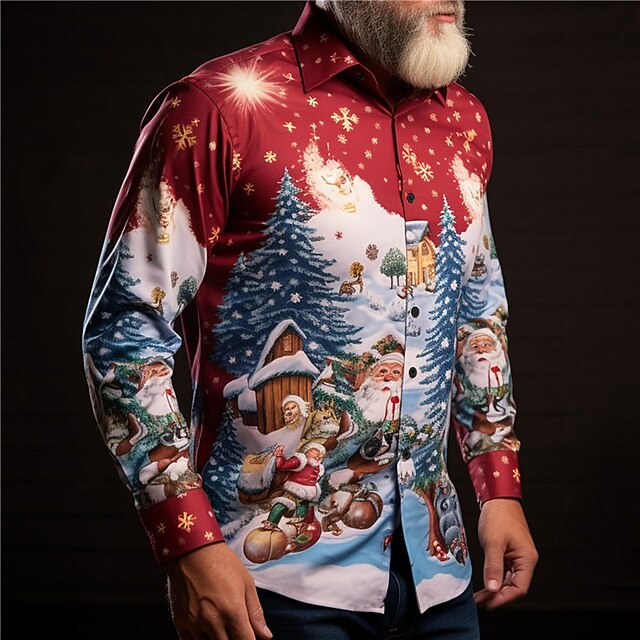 Christmas Men's Christmas Scene Printed Shirts Santa Claus Casual Daily Wear Going out Fall & Winter Turndown Long Sleeve Red, Burgundy, Blue S, M, L 4-Way Stretch Fabric Shirt4