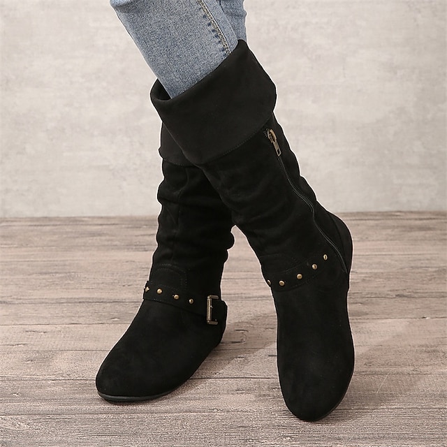  Women's Boots Slouchy Boots Plus Size Outdoor Daily Solid Color Knee High Boots Winter Buckle Flat Heel Round Toe Vintage Classic Casual Faux Suede PU Zipper Black Brown