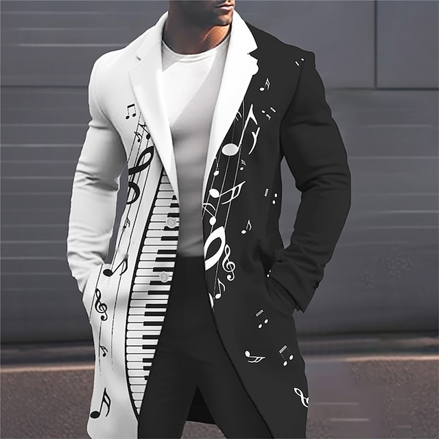  Men's Musical Notes Winter Coat Overcoat Coat Warm Breathable Comfortable Fashion Streetwear Business Work Wear to work Going out Pocket Print Fall & Winter Turndown Long Sleeve Black White Sky Blue